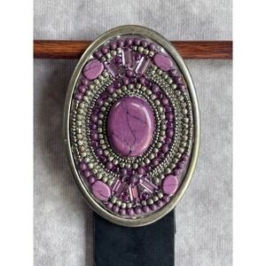 Chico's Black Belt Purple Beaded Stone Oval Large Buckle Boho Western